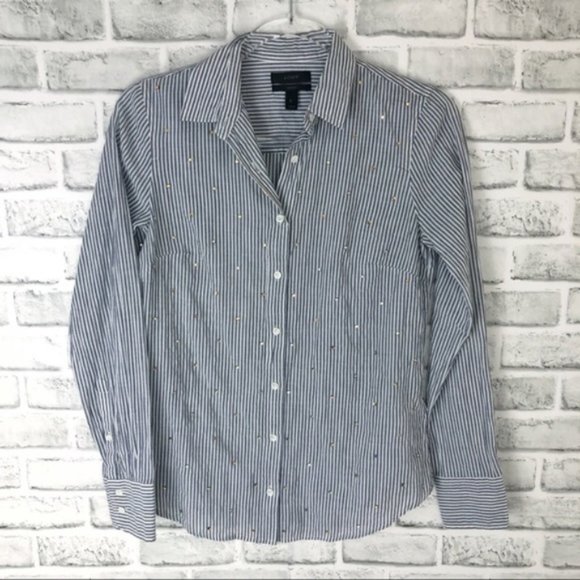J. CREW Embellished Jeweled Button Down Striped Shirt Holiday Top Blue Gray 0 - Picture 4 of 7